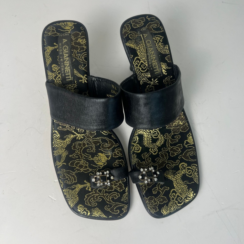 VTG 90s Y2K A. Giannetti Kitten Heel Sandals Womens 7.5 Brocade Toe Ring